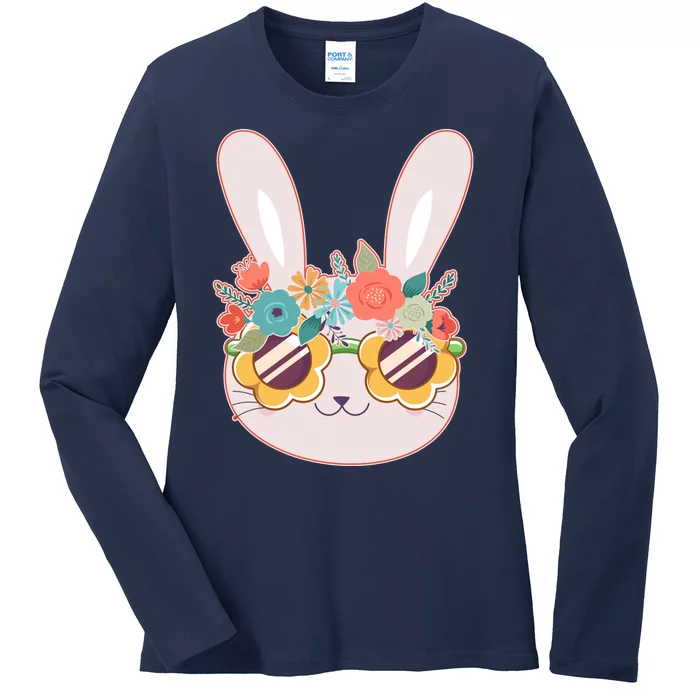 Cute Easter Bunny With Flower Crown And Sunglasses Ladies Long Sleeve Shirt