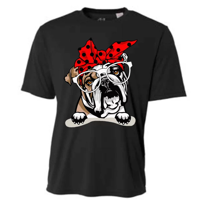 Cute English Bulldog Xmas Red Plaid Headband And Glasses Cooling Performance Crew T-Shirt