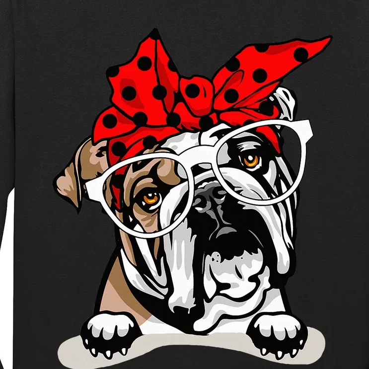 Cute English Bulldog Xmas Red Plaid Headband And Glasses Long Sleeve Shirt