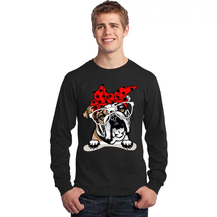 Cute English Bulldog Xmas Red Plaid Headband And Glasses Tall Long Sleeve T-Shirt