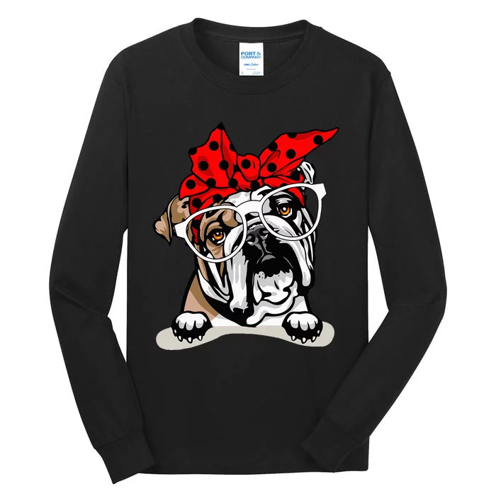 Cute English Bulldog Xmas Red Plaid Headband And Glasses Tall Long Sleeve T-Shirt