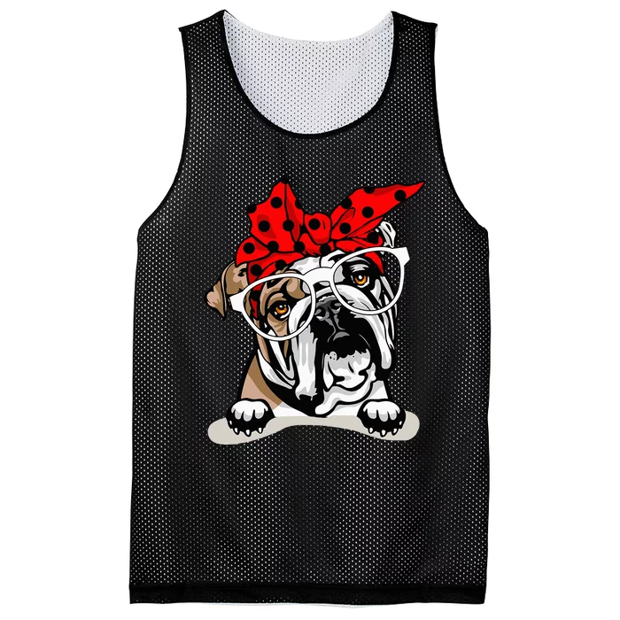 Cute English Bulldog Xmas Red Plaid Headband And Glasses Mesh Reversible Basketball Jersey Tank