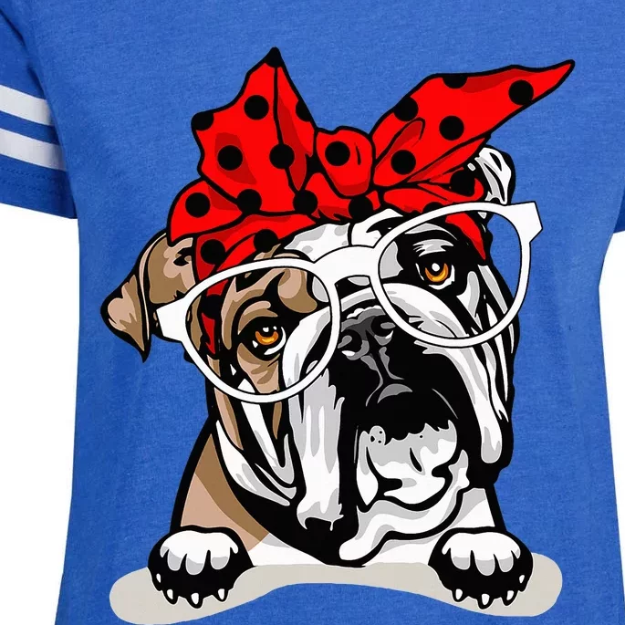 Cute English Bulldog Xmas Red Plaid Headband And Glasses Enza Ladies Jersey Football T-Shirt