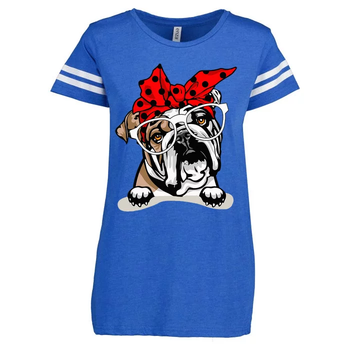 Cute English Bulldog Xmas Red Plaid Headband And Glasses Enza Ladies Jersey Football T-Shirt