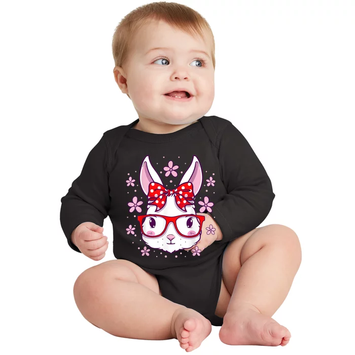 Cute Easter Bunny Face Glasses Bow Easter Day Rabbit Baby Long Sleeve Bodysuit