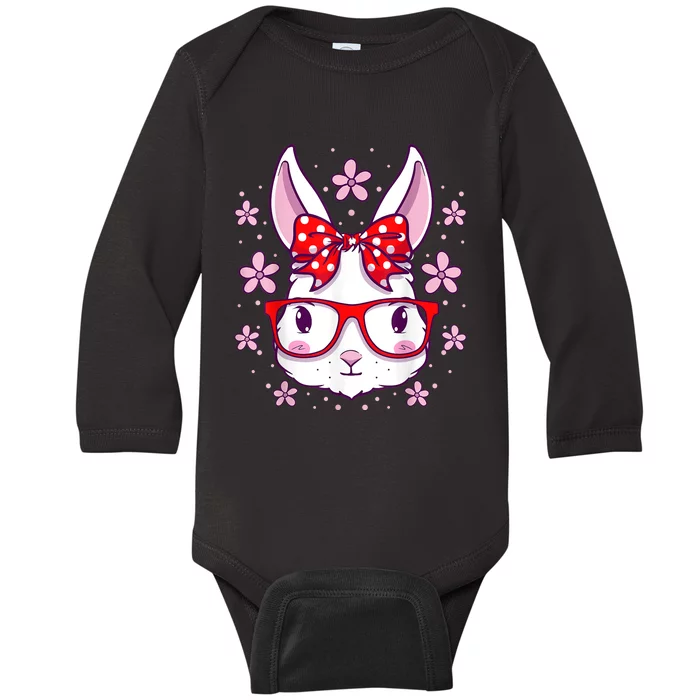 Cute Easter Bunny Face Glasses Bow Easter Day Rabbit Baby Long Sleeve Bodysuit