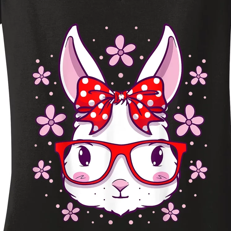 Cute Easter Bunny Face Glasses Bow Easter Day Rabbit Women's V-Neck T-Shirt