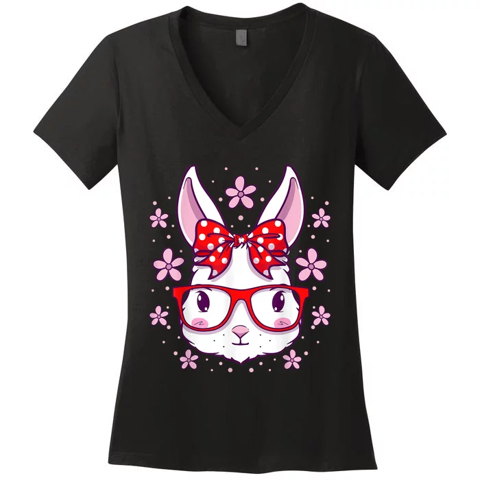 Cute Easter Bunny Face Glasses Bow Easter Day Rabbit Women's V-Neck T-Shirt