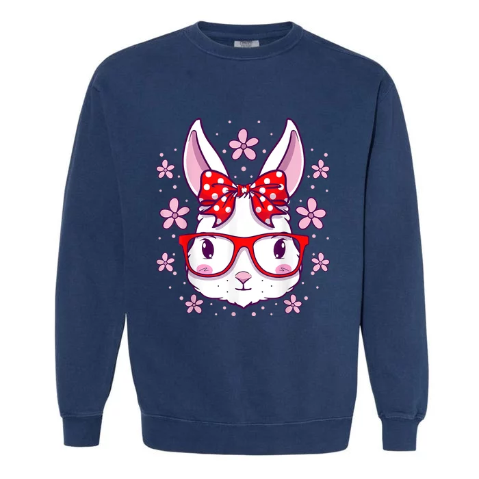 Cute Easter Bunny Face Glasses Bow Easter Day Rabbit Garment-Dyed Sweatshirt