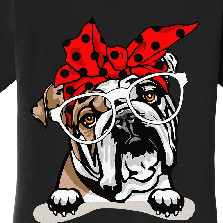 Cute English Bulldog Xmas Red Plaid Headband And Glasses Women's T-Shirt