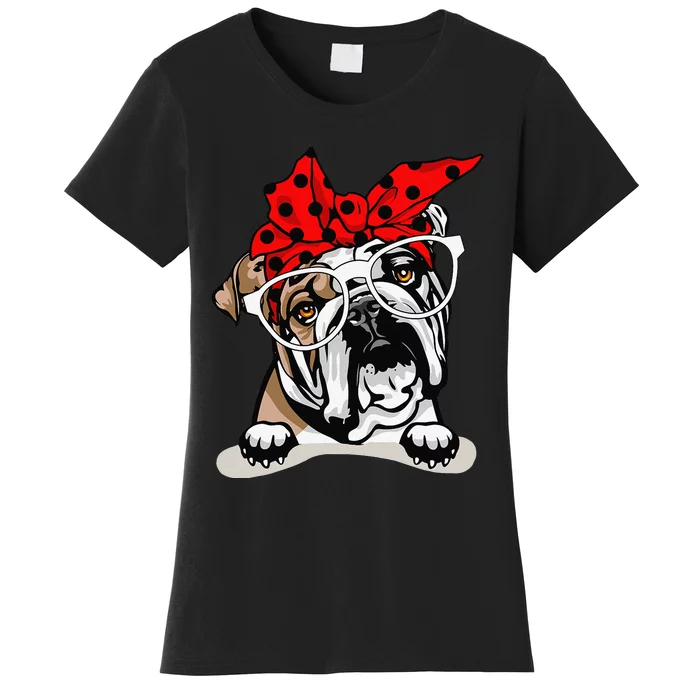 Cute English Bulldog Xmas Red Plaid Headband And Glasses Women's T-Shirt