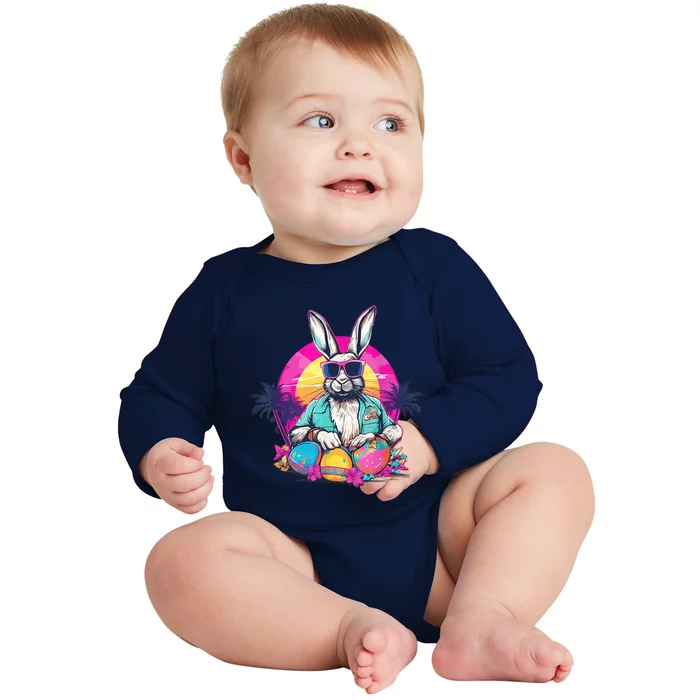 Cute Easter Bunny Retro Miami Look Colourful Eggs Baby Long Sleeve Bodysuit