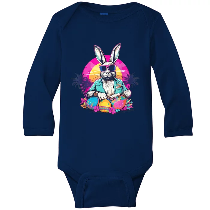 Cute Easter Bunny Retro Miami Look Colourful Eggs Baby Long Sleeve Bodysuit