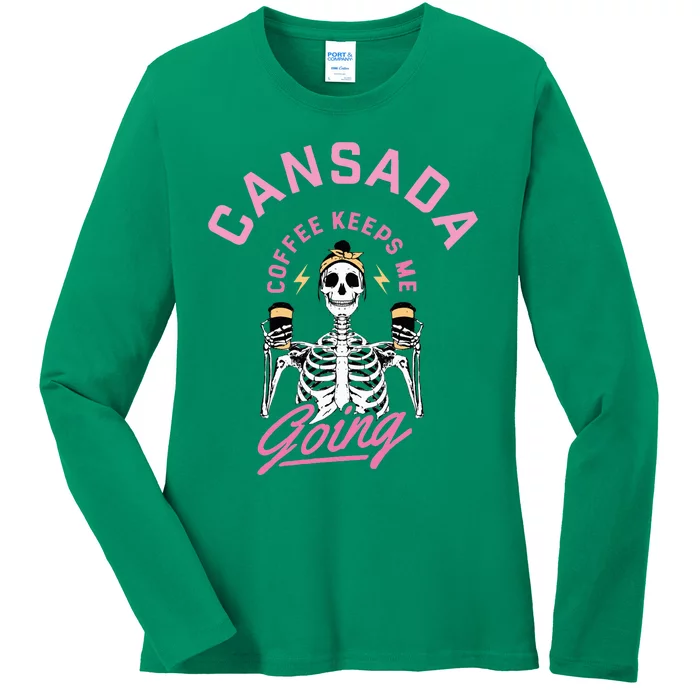 Cansada Eternal Brew Skeleton Sips and Rock and Roll Ladies Long Sleeve Shirt