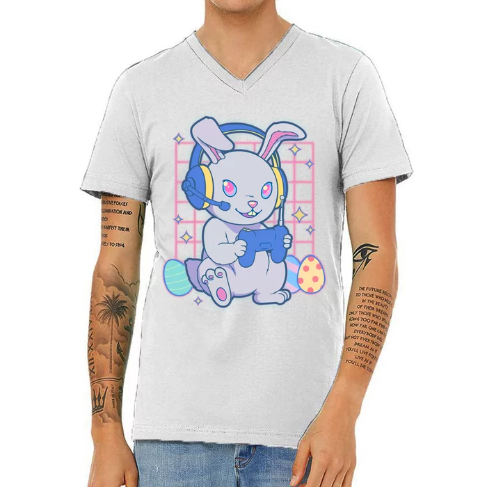 Cute Easter Bunny Rabbit Gamer V-Neck T-Shirt