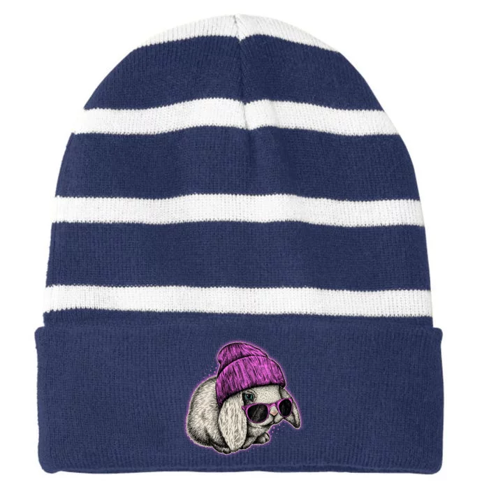 Cute Easter Cool Pink Bunny Rabbit Striped Beanie with Solid Band