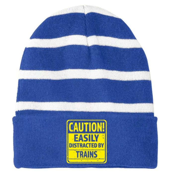 Caution Easily Distracted By Trains Striped Beanie with Solid Band