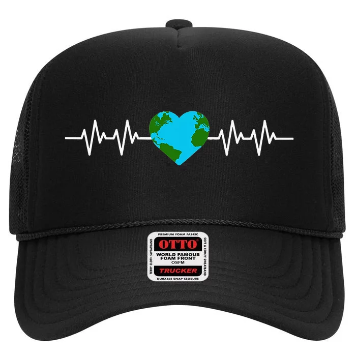 Cute Earth Day Earth Heart Heartbeat High Crown Mesh Trucker Hat