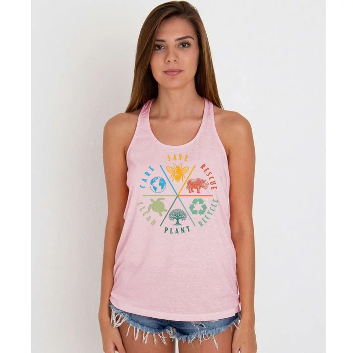 Celebrate Earth Day Save Rescue Recycle Plant Clean Care Women's Knotted Racerback Tank