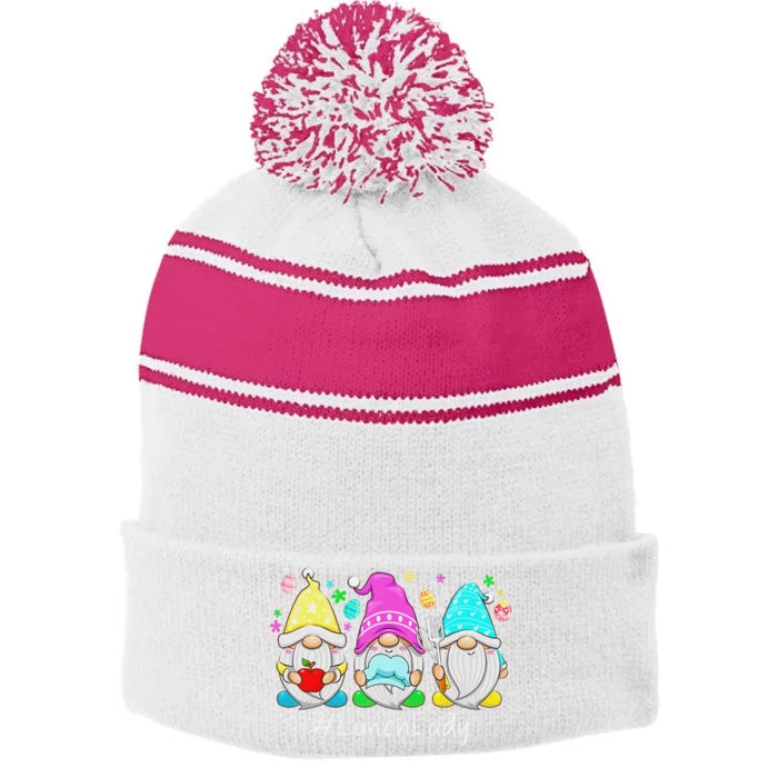 Cute Easter Day Gnome Love Lunch Lady  Matching Stripe Pom Pom Beanie