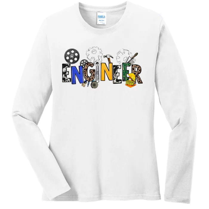 Cool Engineer Design With Engineering Tools And Gears Ladies Long Sleeve Shirt