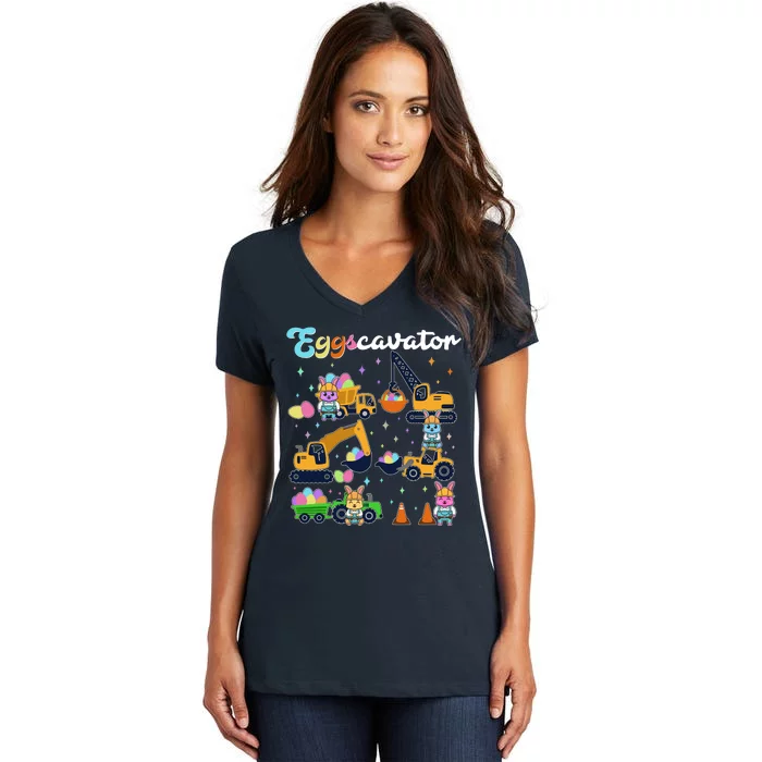 Cute Easter Eggscavator Construction Bunny Rabbits Women's V-Neck T-Shirt