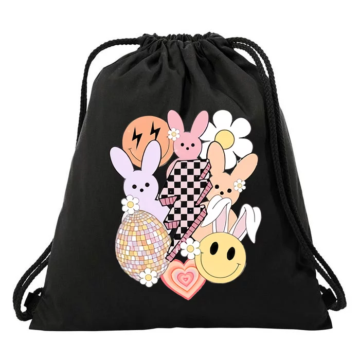 Crystal Easter Egg Daisy And Smiley Retro Easter Day Funny Drawstring Bag