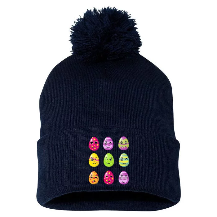 Colorful Easter Eggs Smiley Pom Pom 12in Knit Beanie