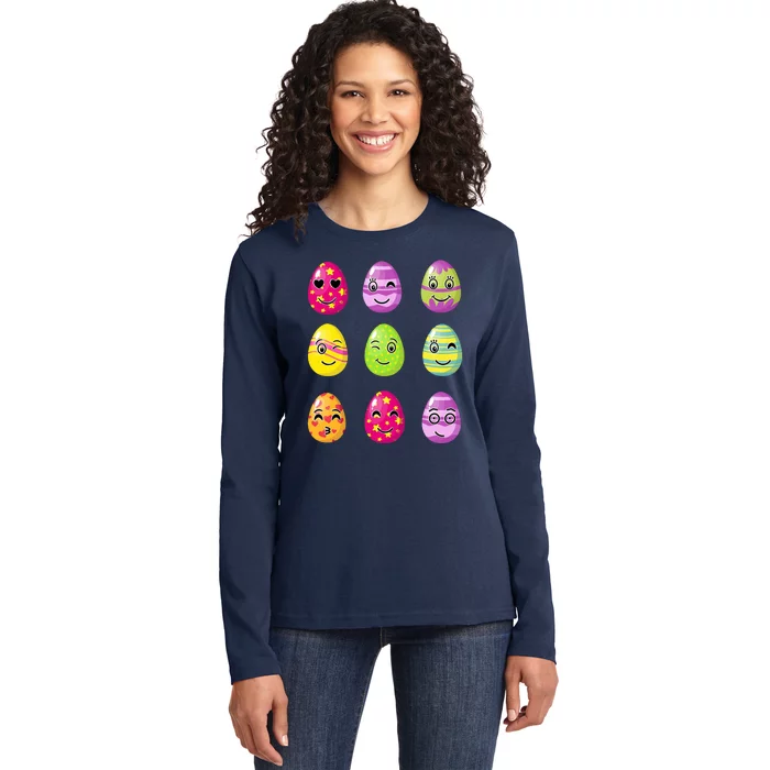 Colorful Easter Eggs Smiley Ladies Long Sleeve Shirt