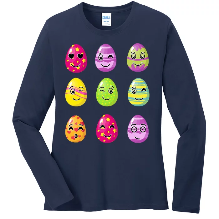 Colorful Easter Eggs Smiley Ladies Long Sleeve Shirt