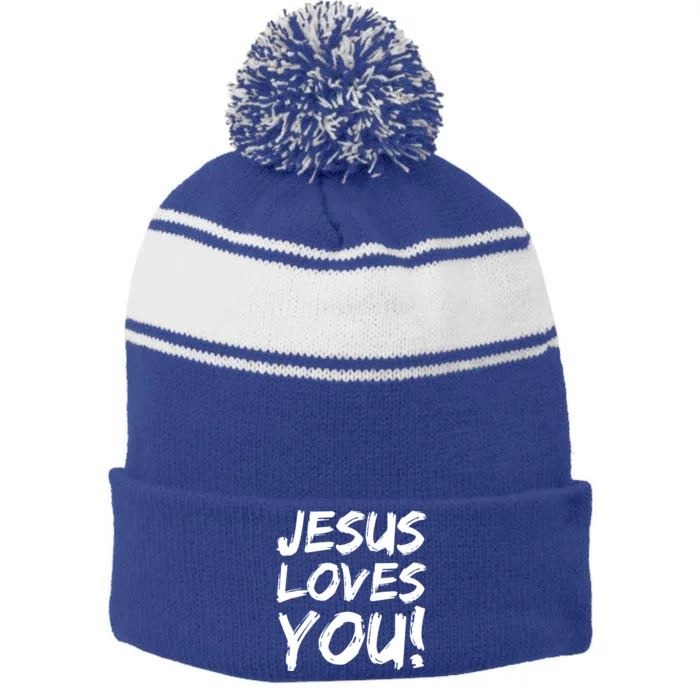 Christian Evangelism Gift Jesus Loves You! Great Gift Stripe Pom Pom Beanie