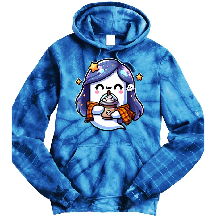 Women Cute Halloween Ghost Drinking Coffee Iced Coffee Premium Gift Tie Dye Hoodie