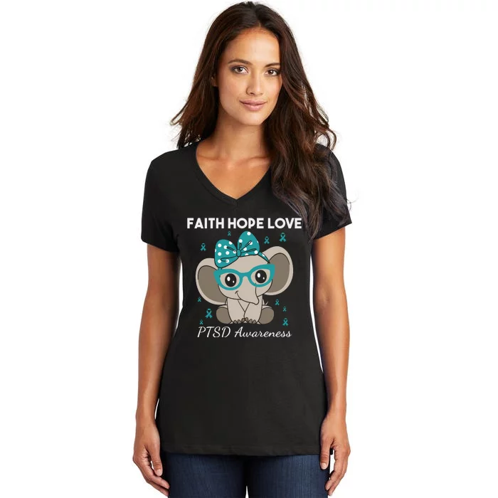 Cute Elephant I Have PTSD Awareness PTSD Awareness Hope Support Love Women's V-Neck T-Shirt