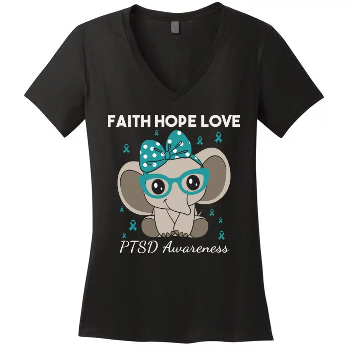 Cute Elephant I Have PTSD Awareness PTSD Awareness Hope Support Love Women's V-Neck T-Shirt