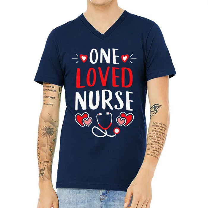 Cute ER ICU RN Nurses Tees Valentines Day One Loved Nurse V-Neck T-Shirt