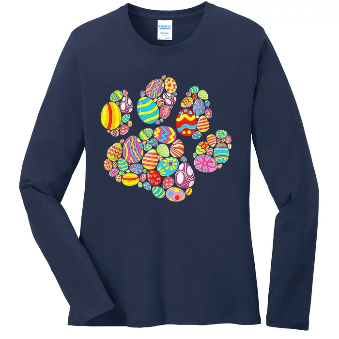 Colorful Egg Paw Print Funny Dog Cat Lovers Easter Day Gifts Ladies Long Sleeve Shirt