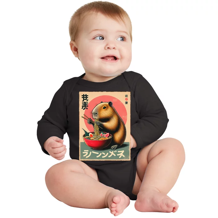 Capybara Eating Ramen Noodles Japanese Art Capybara Baby Long Sleeve Bodysuit