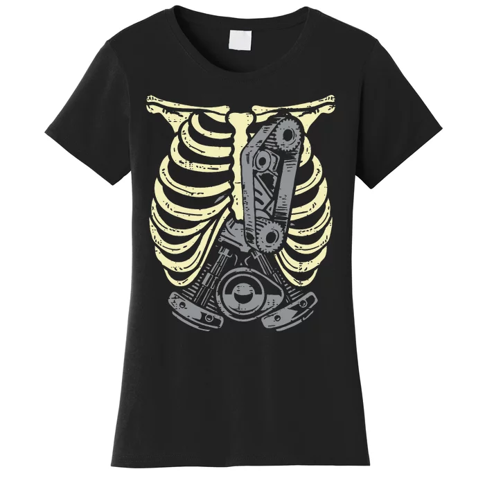 Car Engine Ribs Auto Mechanic Halloween Skeleton Women's T-Shirt