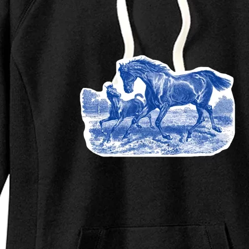 Classy Elegant Rustic Blue French Country Toile Horses Pattern Women's Fleece Hoodie