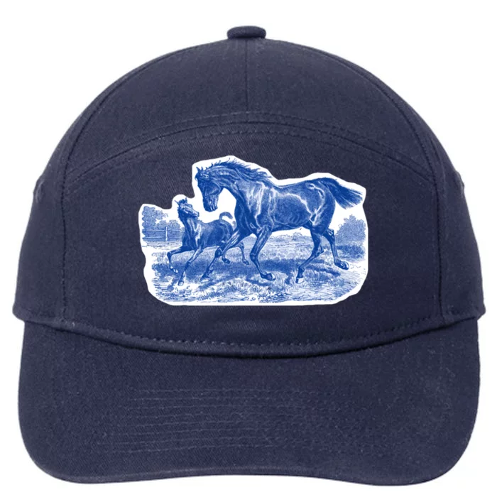 Classy Elegant Rustic Blue French Country Toile Horses Pattern 7-Panel Snapback Hat