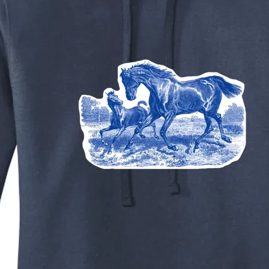 Classy Elegant Rustic Blue French Country Toile Horses Pattern Women's Pullover Hoodie