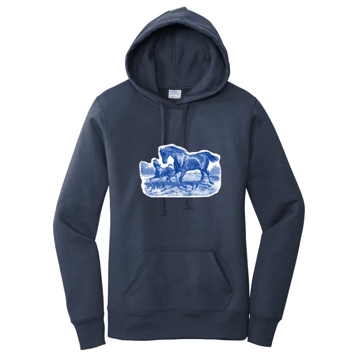 Classy Elegant Rustic Blue French Country Toile Horses Pattern Women's Pullover Hoodie