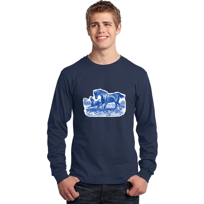 Classy Elegant Rustic Blue French Country Toile Horses Pattern Tall Long Sleeve T-Shirt