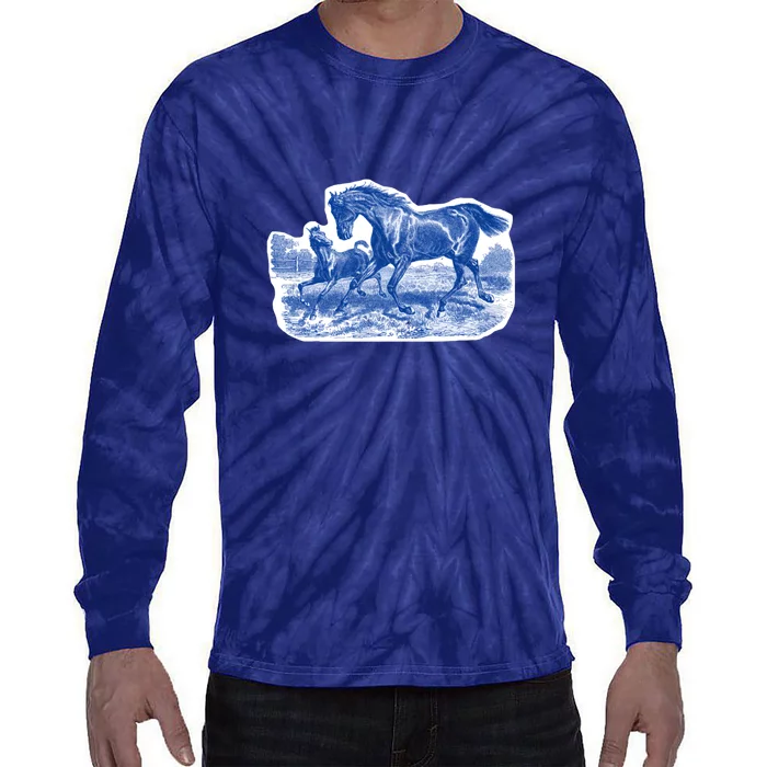 Classy Elegant Rustic Blue French Country Toile Horses Pattern Tie-Dye Long Sleeve Shirt