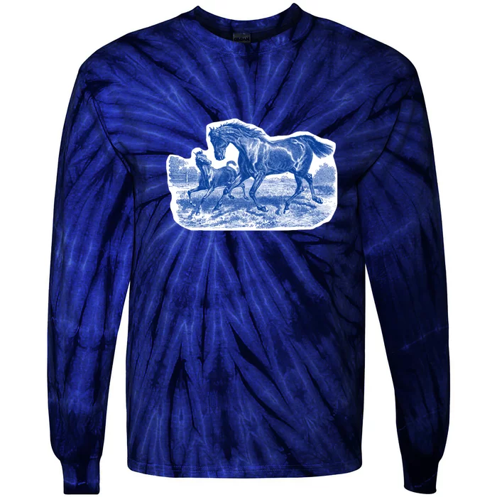 Classy Elegant Rustic Blue French Country Toile Horses Pattern Tie-Dye Long Sleeve Shirt