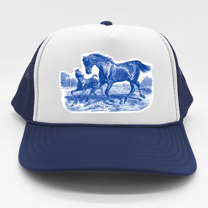 Classy Elegant Rustic Blue French Country Toile Horses Pattern Trucker Hat