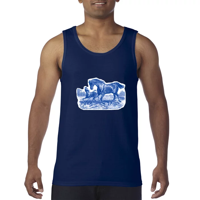 Classy Elegant Rustic Blue French Country Toile Horses Pattern Tank Top