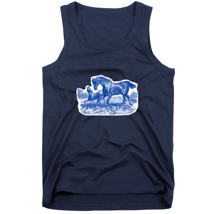 Classy Elegant Rustic Blue French Country Toile Horses Pattern Tank Top