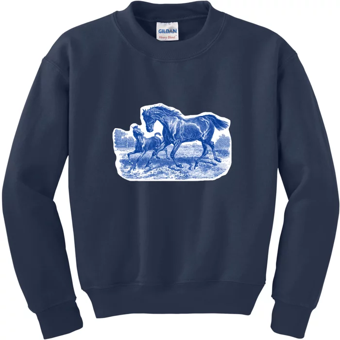 Classy Elegant Rustic Blue French Country Toile Horses Pattern Kids Sweatshirt