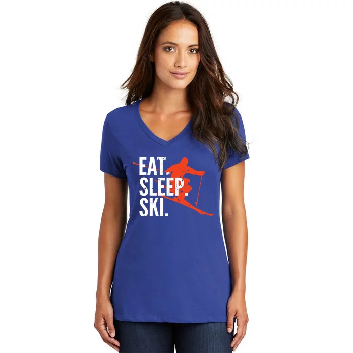 Cute Eat Sleep Ski Skiing Winter Snow Sports Skiers Graphic Meaningful Gift Women's V-Neck T-Shirt